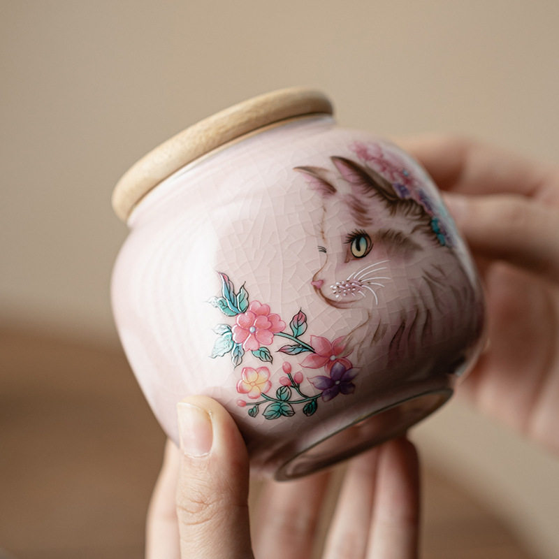 粉汝窑花猫茶叶罐陶瓷小