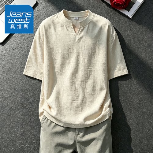 真维斯老钱风仿亚麻V领正肩T恤