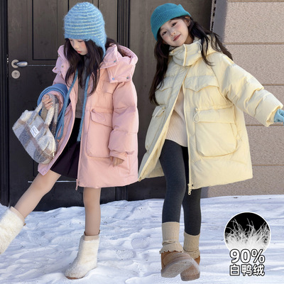 女童时尚休闲连帽中长款羽绒服