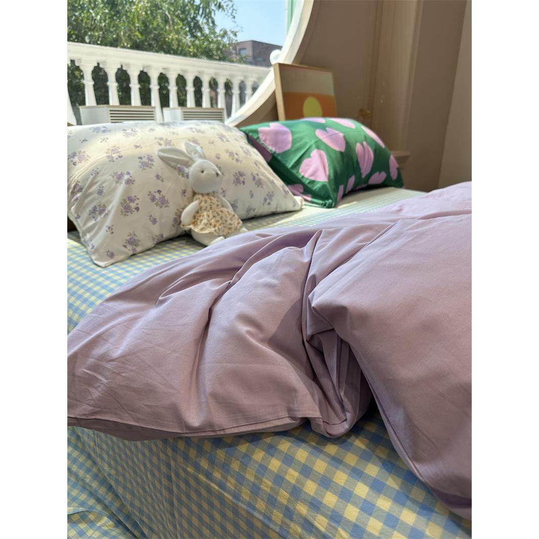 少女日式纯色香芋紫混搭黄绿格四件套水洗棉1.5m1.8米公寓被套三