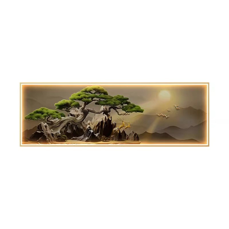 带灯旭日东升客厅挂画迎客松茶室背景墙装饰画背有靠山LED壁灯画