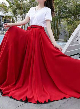 双层双面720雪纺半身裙超大摆新疆舞裙红色舞裙内外大摆送腰带