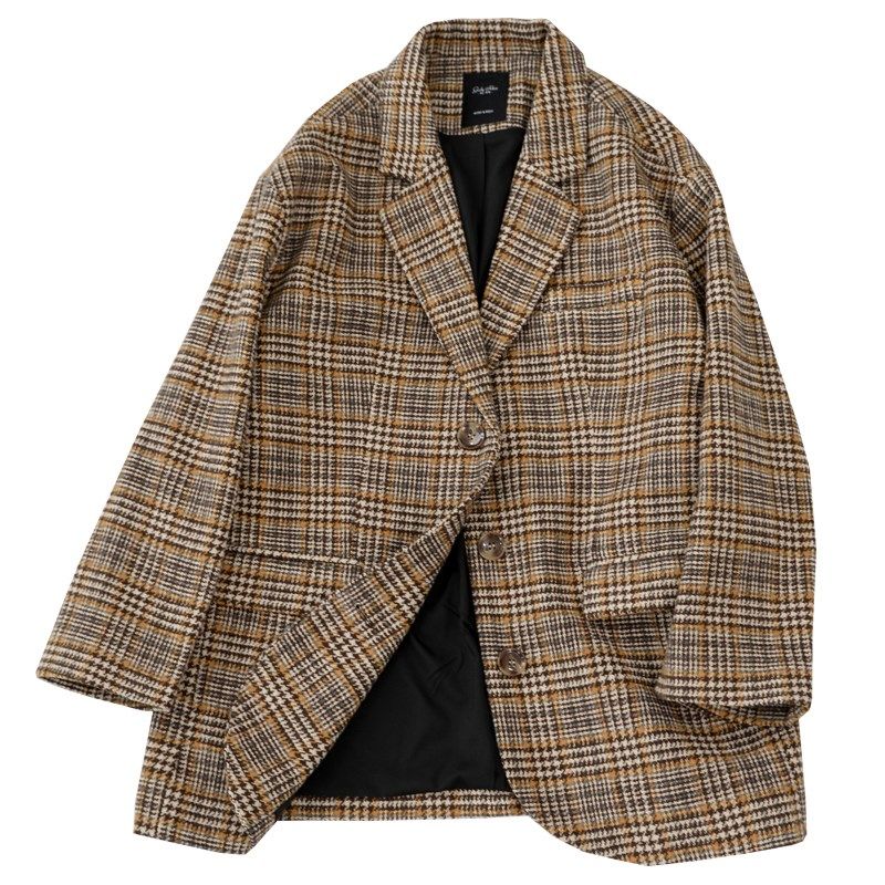 KNgs 秋冬复古宽松法式中长款毛呢格子加厚休闲西装外套女上衣