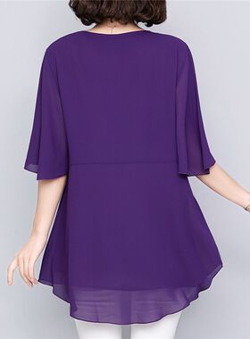 新款雪纺衫大码女装胖MM宽松显瘦遮肚子中长款上衣五分袖洋气小衫