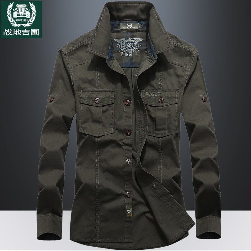 春秋季军旅工装衬衫男长袖纯棉上衣宽松大码多口袋男士休闲衬衣男,男装,衬衫,淘宝优惠券,粉丝福利购,淘宝优惠卷
