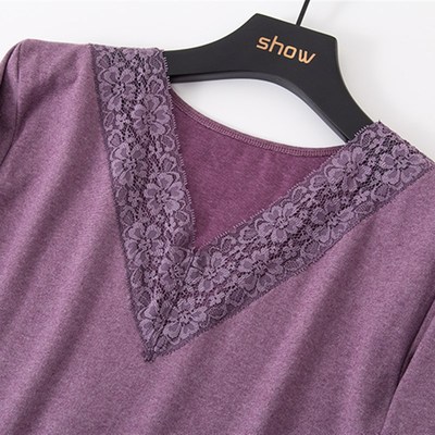 女士保暖内衣V领秋衣冬薄款修身弹力打底上衣单件长袖蕾丝打底衫