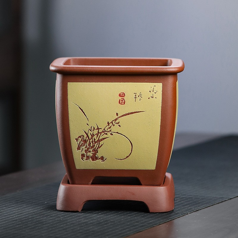 紫砂花盆兰花盆四方盆景盆陶瓷紫砂花盆带托盘专用花盆