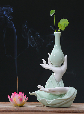 创意陶瓷水培花器禅意佛手莲心家用线香熏炉莲花香插家居装饰摆件