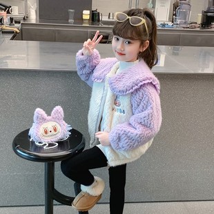 女童外套秋冬款2024新款儿童洋气时髦加绒加厚毛毛衣女孩夹棉冬装