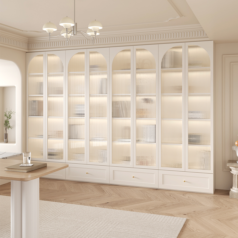法式奶油风书柜书架一体组合带玻璃门定制家用整墙落地实木书橱柜