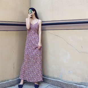 泫雅紫色雪纺连衣裙 夏长款过脚踝翠花裙 油画性感V领碎花吊带裙