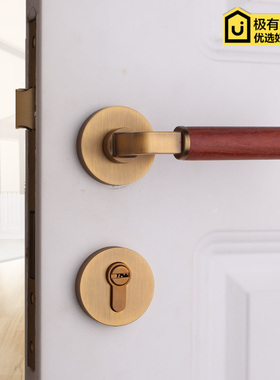 依佰利美式金色轻奢室内房门锁北欧式古铜实木把手卧室静音磁吸锁