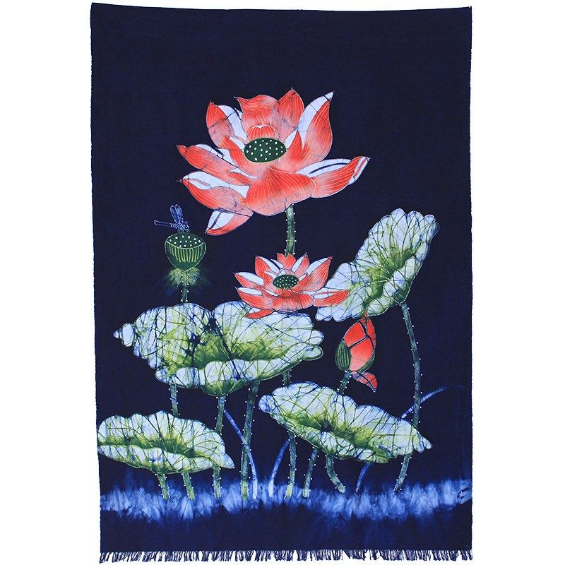 蜡染画荷花布艺门帘客厅卧室挂画苗族特色工艺品卫生间厨房隔断帘