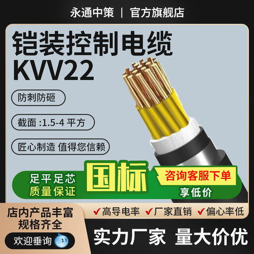 永通中策钢带铠装阻燃信号控制屏蔽电缆KVV22无氧铜 234芯1.5平方