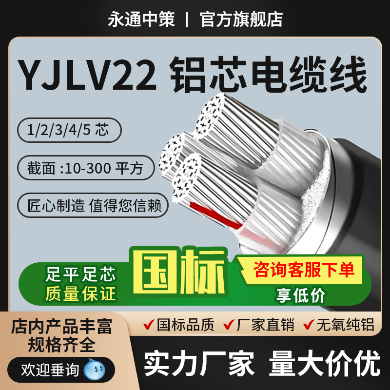 永通中策yjlv22铝芯电缆线三相四线VLV3/4芯10/25平方铝绞线铠装