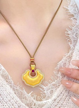 金包银点钻拉丝吉祥如意福锁祥云国潮风平安锁吊坠女毛衣链送礼物