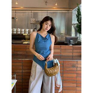 韩系高级设计不规则荡领辣妹吊带女小众露背上衣女 蓝调时刻