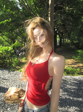 古早千禧年Y2辣妹风露背挂脖小背心女夏季带胸垫蝴蝶链条上衣ins