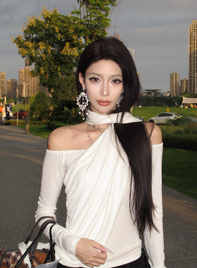 白鹭晗玎 纯欲一字肩褶皱挂脖设计感上衣女秋修身微透收腰长袖T恤