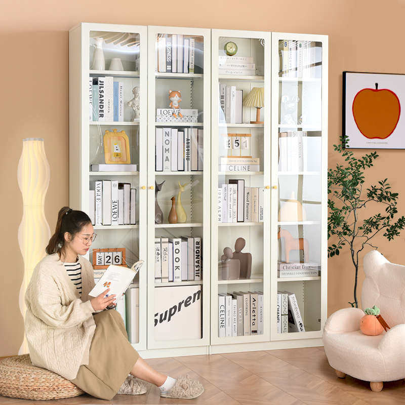 宜搭防尘客厅书柜玻璃门展示柜简约学生家用书柜钢制书架置物柜子