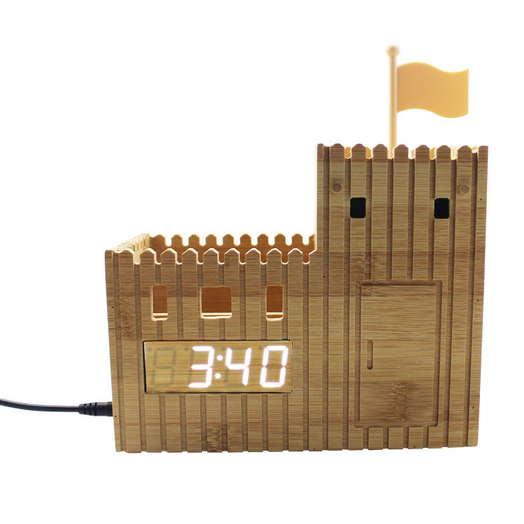 竹子城堡LED声控静音笔筒座钟