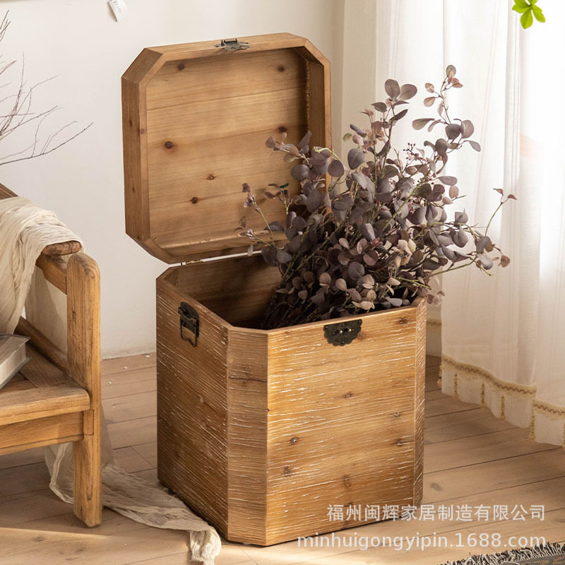 美式复古做旧实木收纳茶几