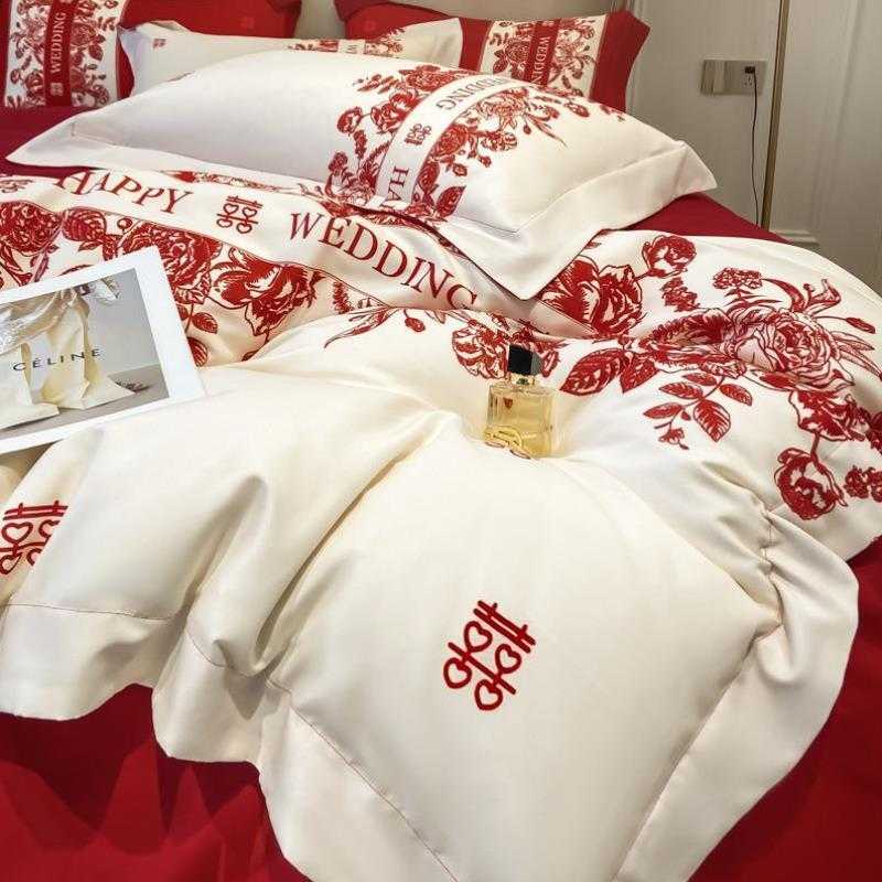 婚床红色新人送婚庆简约礼物结婚新婚毛毯被红色床单四件套大空调
