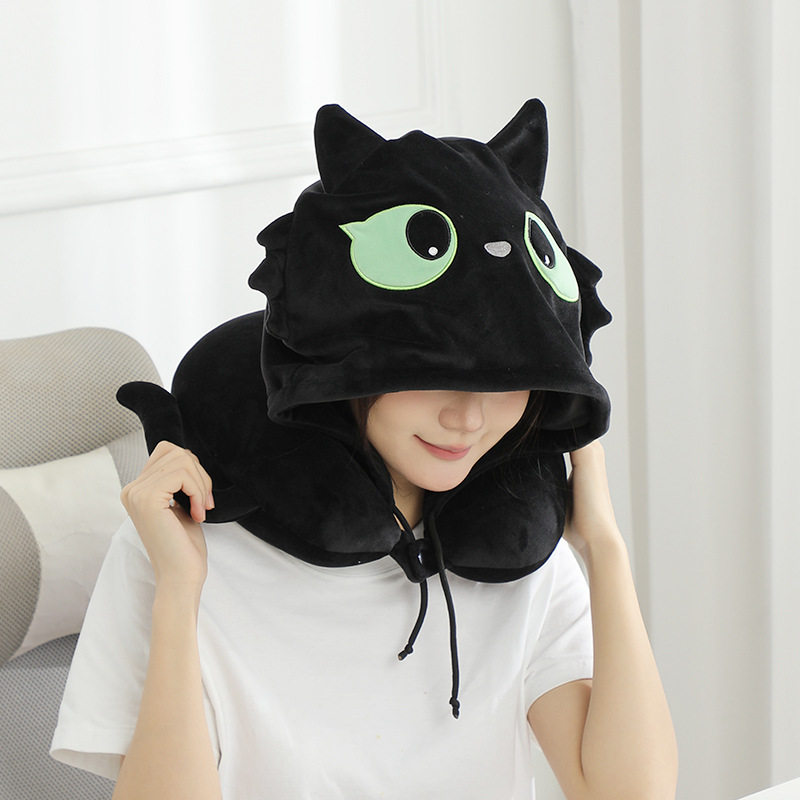 大眼黑猫U型枕可变形玩偶两用枕