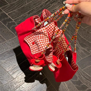 2025新款红色格子帆布帆布包大容量通勤托特包上班上课手提外出包