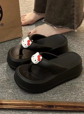 7.0可爱厚底eva人字拖女士夏季外穿防滑增高黑色沙滩拖鞋2025新款