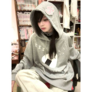 日系轻亚文化卡通可爱印花连帽卫衣秋冬季加绒加厚叠穿宽松上衣女