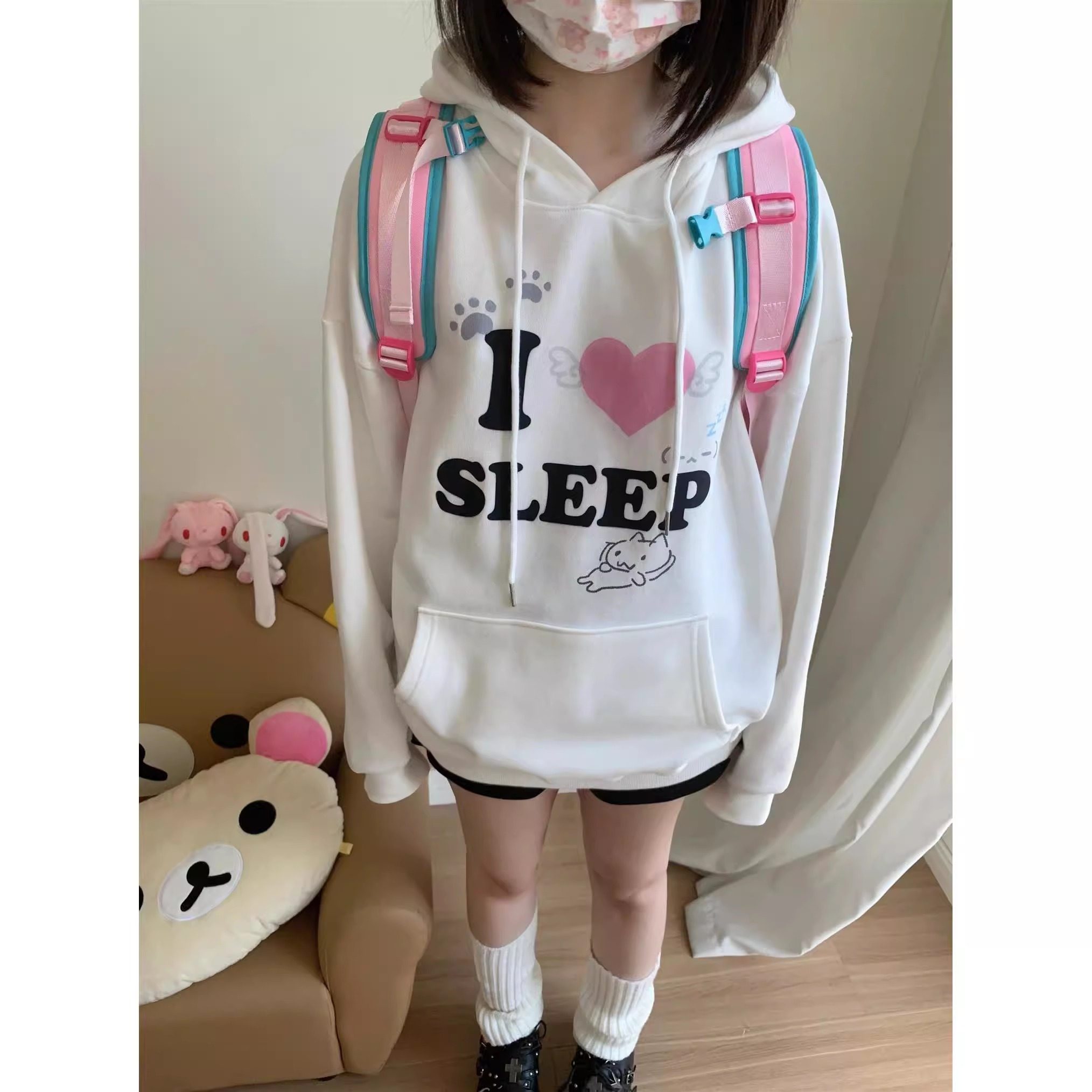 白色我爱睡觉趣味印花连帽卫衣女外套奶白色加绒上衣秋冬可爱软妹