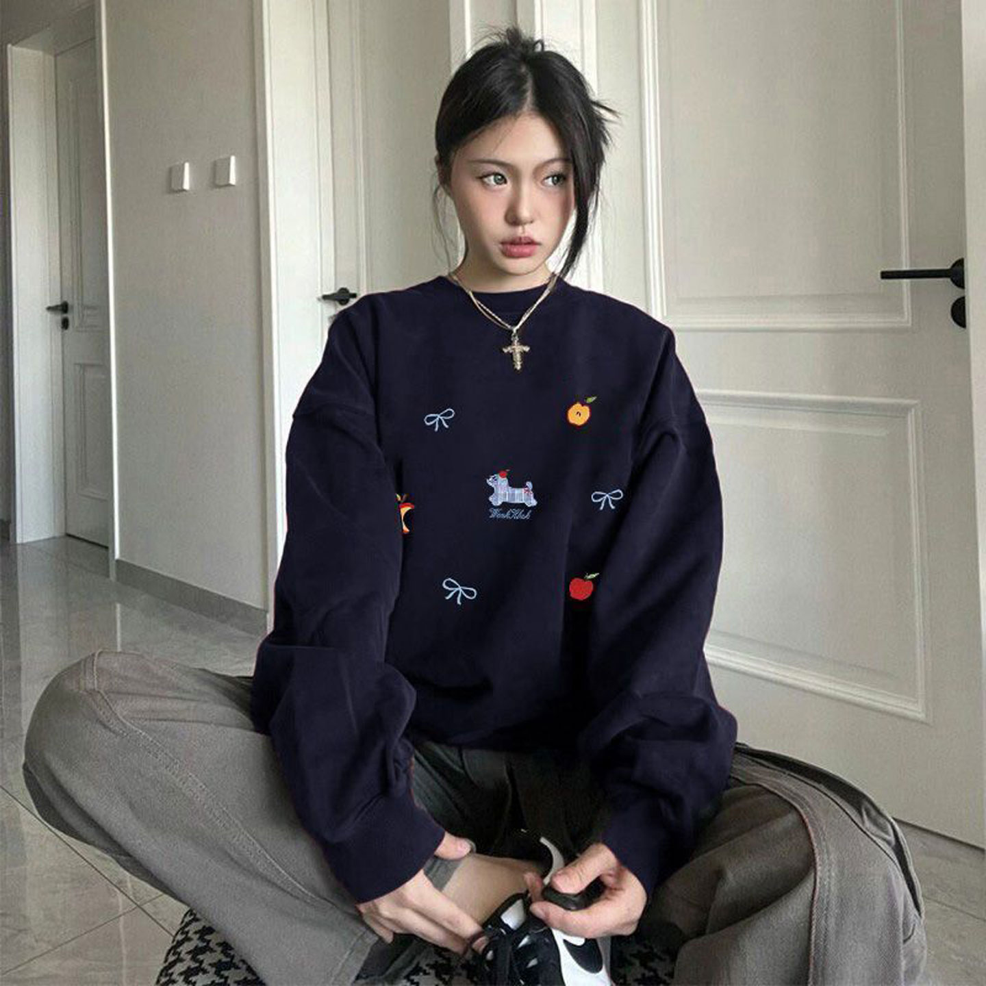 韩版甜美可爱印花圆领卫衣长袖宽松松弛慵懒感秋冬季加绒加厚上衣