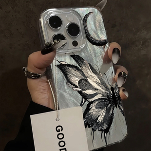ins超火韩风y2k黑色蝴蝶适用16苹果15Promax手机壳14羽纱纹iPhone13小米12高颜值11华为少女潮牌plus高级感xr