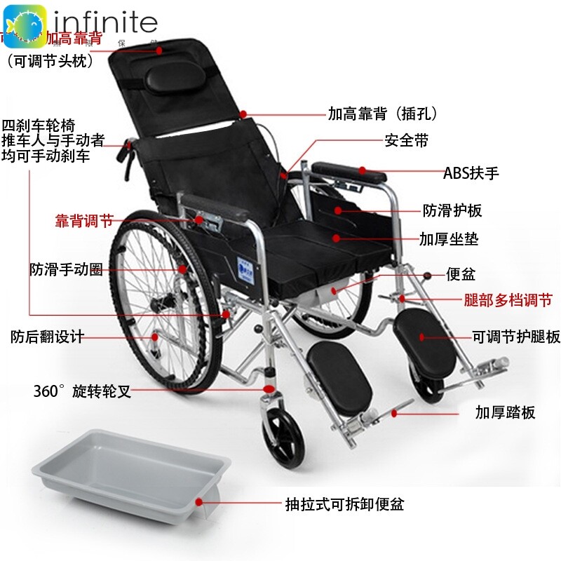 衡互邦轮椅折叠老年人带坐便器可躺轻便残疾代步手推车