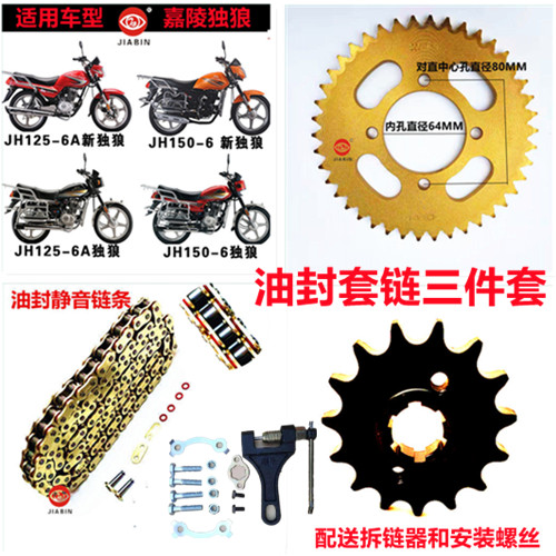 嘉陵独狼摩托车链条链盘油封套链JH125-6-6A翼狼JH150-6A牙盘齿轮
