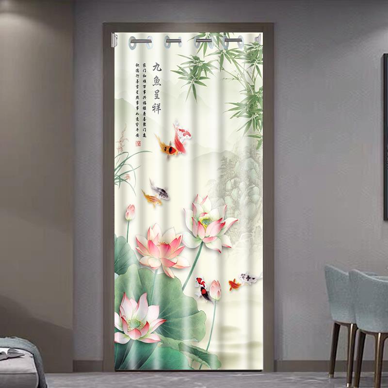 新中式免打孔布艺荷花隔断帘家用挡风防冷气厨房卧室门帘伸缩杆