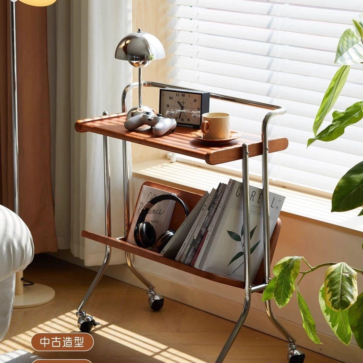 中古实木小推车边几可移动沙发边几轻奢高级感不锈钢家用边桌