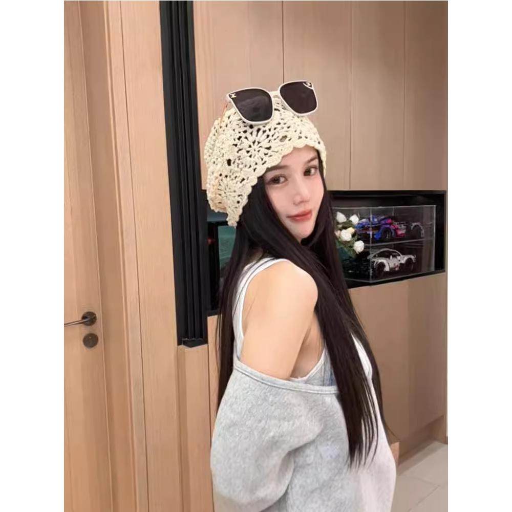 日系手工钩花堆堆帽子女款2025新款镂空透气包头帽文艺复古针织帽