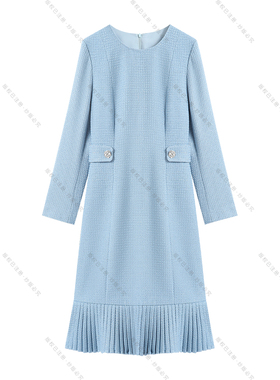 【南油虹姐】新款羊毛裙粗花呢双收腰下摆百褶气质显瘦连衣裙3130