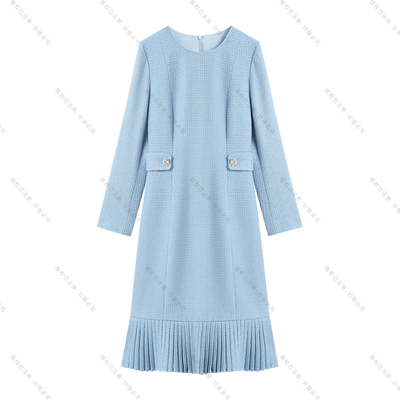 【南油虹姐】新款羊毛裙粗花呢双收腰下摆百褶气质显瘦连衣裙3130