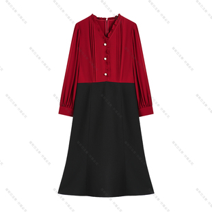 【南油虹姐】秋季新款V领木耳边拼接收腰优雅时尚显瘦连衣裙3044