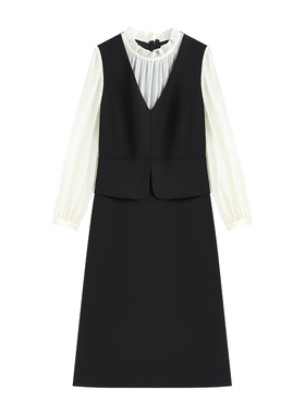 【深圳虹姐】春新款轻奢木耳领气质减龄假两件中长款连衣裙S3205