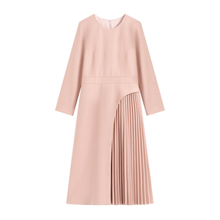 【南油虹姐】新款长袖不对称设计感气质名媛百褶收腰显瘦连衣3119