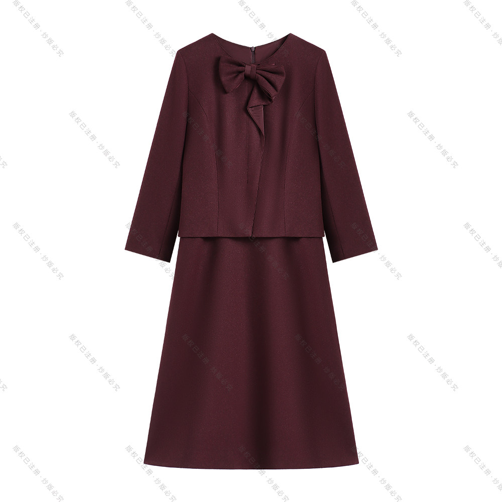 【南油虹姐】绛紫缪斯秋冬新款蝶结领法式优雅气质连衣裙3120