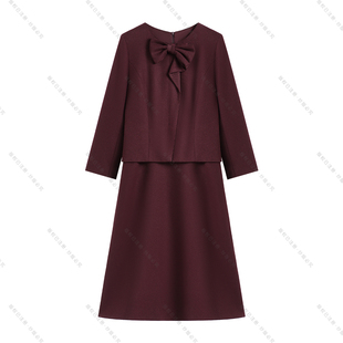【南油虹姐】绛紫缪斯秋冬新款蝶结领法式优雅气质连衣裙3120