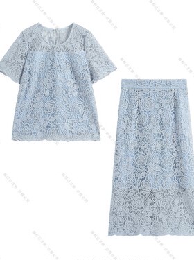 【南油虹姐】蕾丝套装短袖气质蓝色时尚夏季复古提花蕾丝TZ291