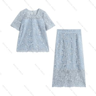 南油虹姐 夏季 蕾丝套装 气质蓝色时尚 复古提花蕾丝TZ291 短袖
