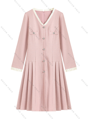 【南油虹姐】2025秋冬新款V领小香风轻奢优雅百褶连衣裙3099