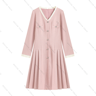 【南油虹姐】2025秋冬新款V领小香风轻奢优雅百褶连衣裙3099